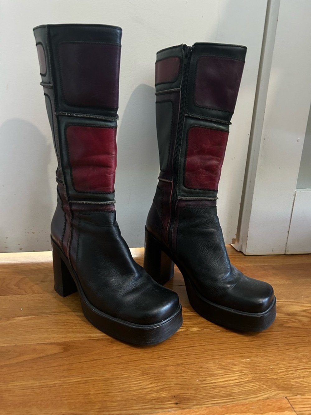 Steve Madden Black and Burgundy Patchwork Platform Mid-Calf Boots